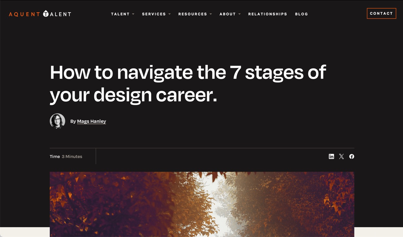 This webpage, hosted by Aquent Talent, features an article titled “How to navigate the 7 stages of your design career” by Mags Hanley. The page has a sleek black background with the title prominently displayed in large white text.