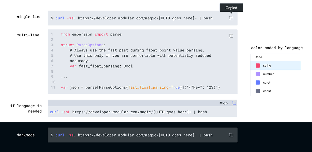 UI mock of our design system for code blocks