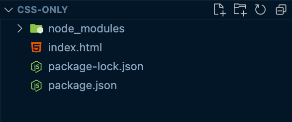 VSCode file browser displaying a node_modules folder, index.html file, package-lock.json file, and a package.json file