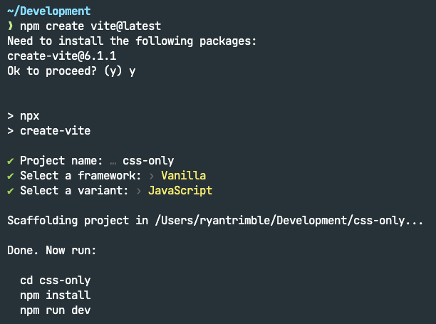 terminal displaying the output of running the command npm create vite@latest