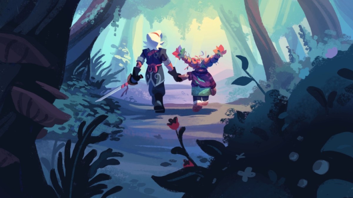 Alta and Monster hold hands in the forest in Wanderstop