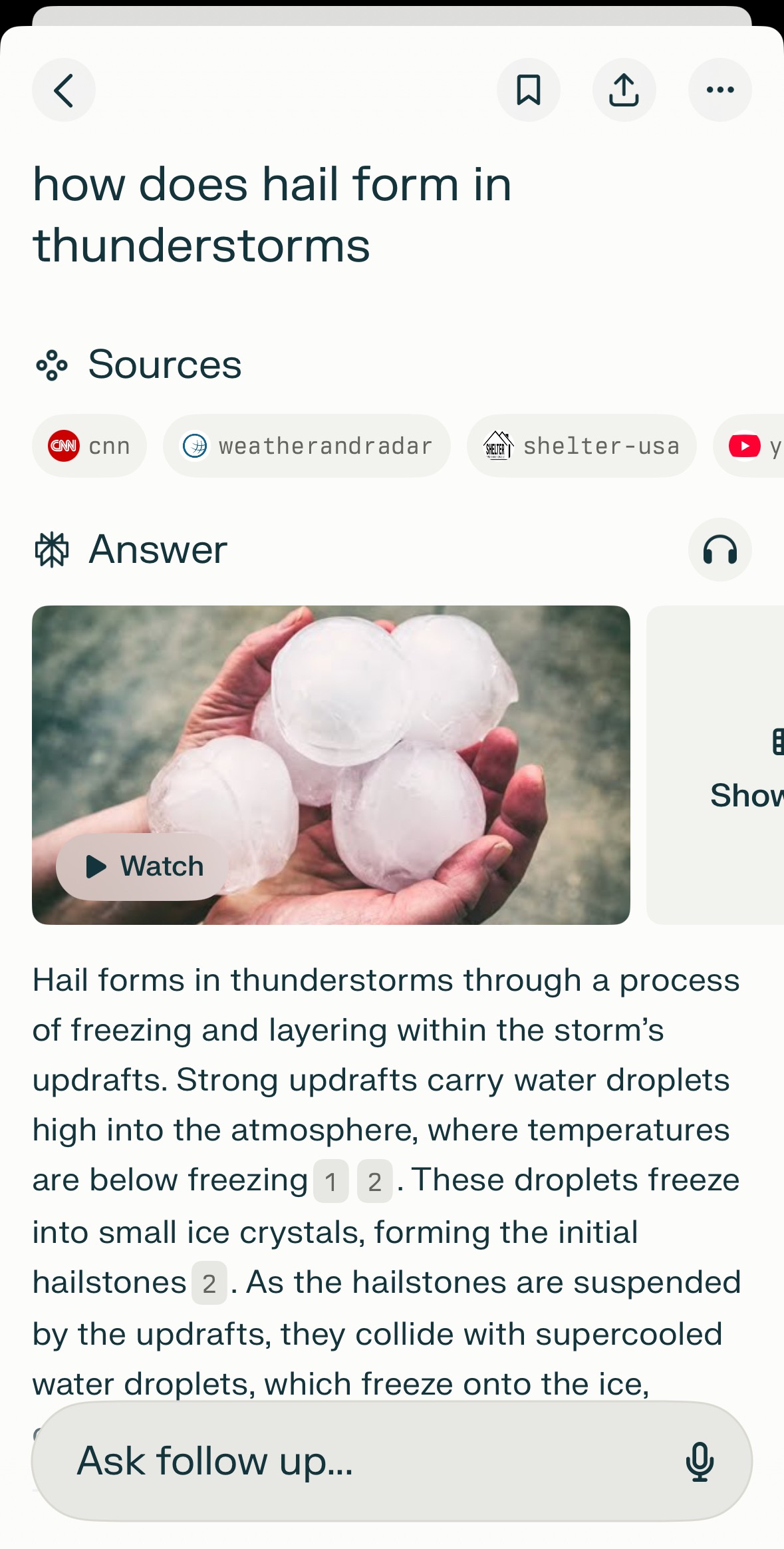 Perplexity's mobile app, showing its response to the question, "How is hail formed during thunderstorms?" The UI is specifically designed to focus on question-answer interactions, unlike ChatGPT.