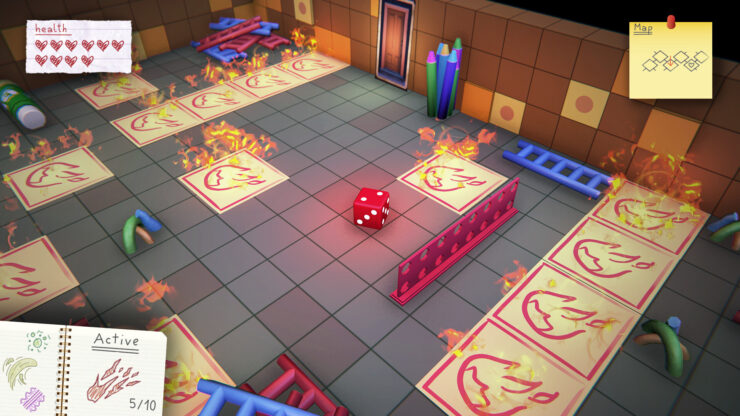 Just a Die - A red dice sitting between several pictures of fire covered in flames.