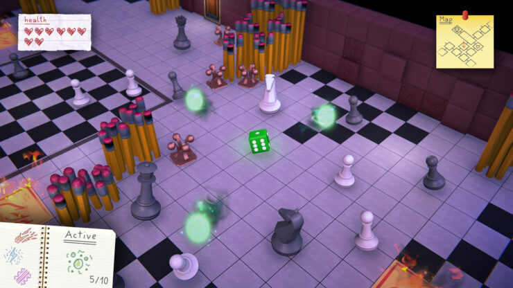 Just a Die - A green die rolls around a field near some various chess pieces and pencils.