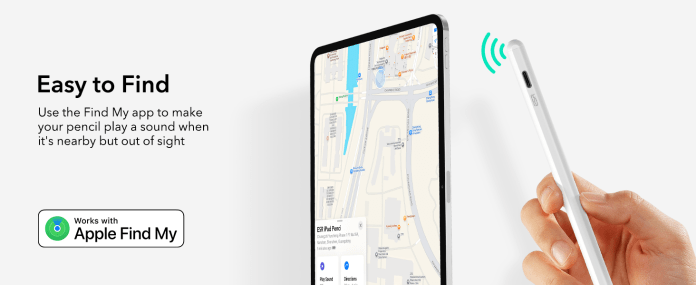 An advertisement showcasing the ESR Geo Digital Stylus, highlighting its compatibility with Apple Find My. The image features a hand holding the stylus next to a tablet displaying a map with a sound wave icon. Text indicates the stylus can play a sound when it's nearby but out of sight.