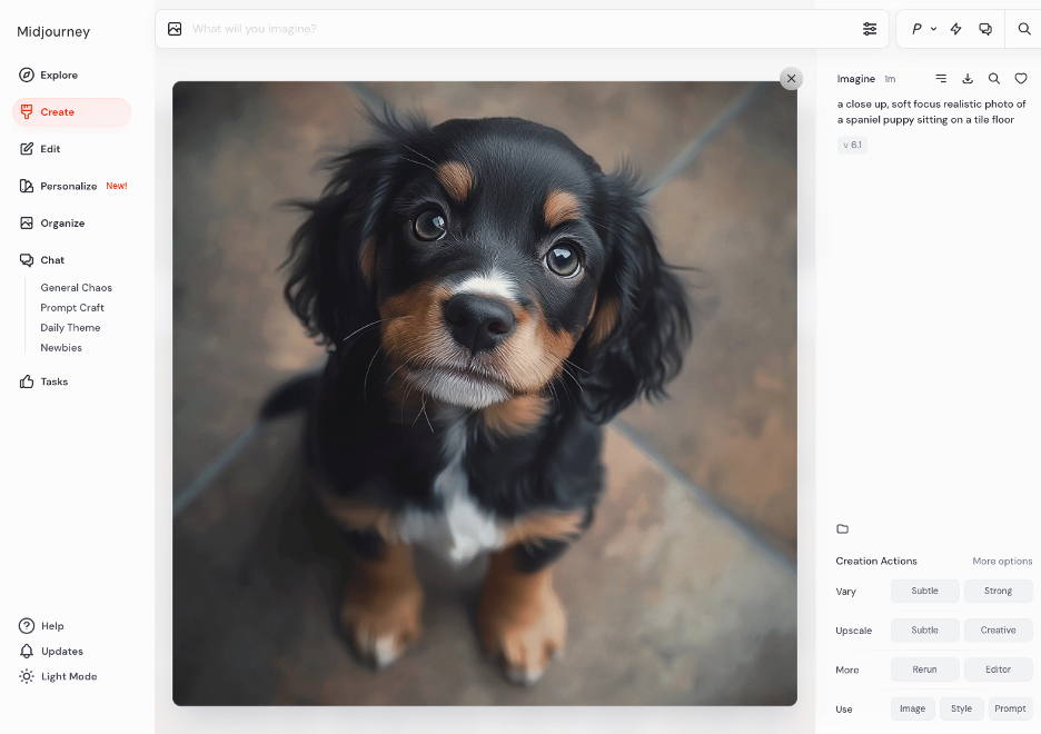Midjourney's UI with a generated picture of a puppy up close.