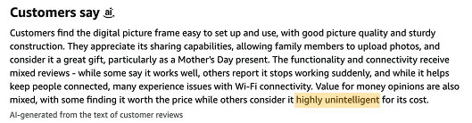AI-generated summary of digital picture frame reviews, highlighting ease of use, mixed feedback on connectivity, and the phrase 