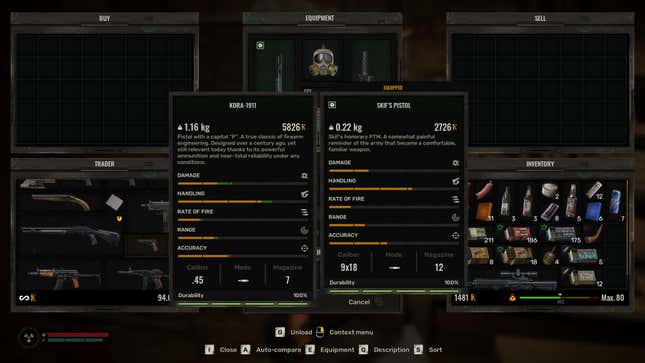 The stat window for the Kora-1911 in Stalker 2.