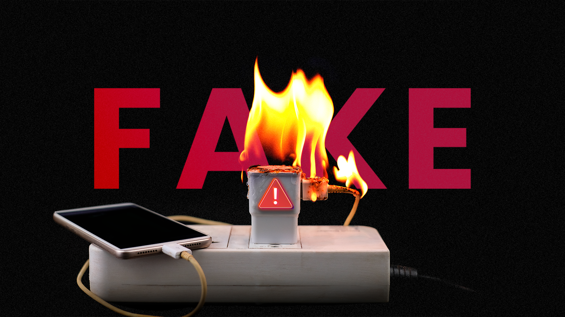 A phone charger on fire with 'FAKE' written in the background.