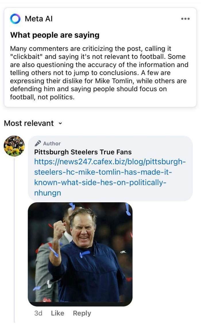 A screenshot of Meta AI summarizing comments on a post and saying that commenters are calling it clickbait and inaccurate.