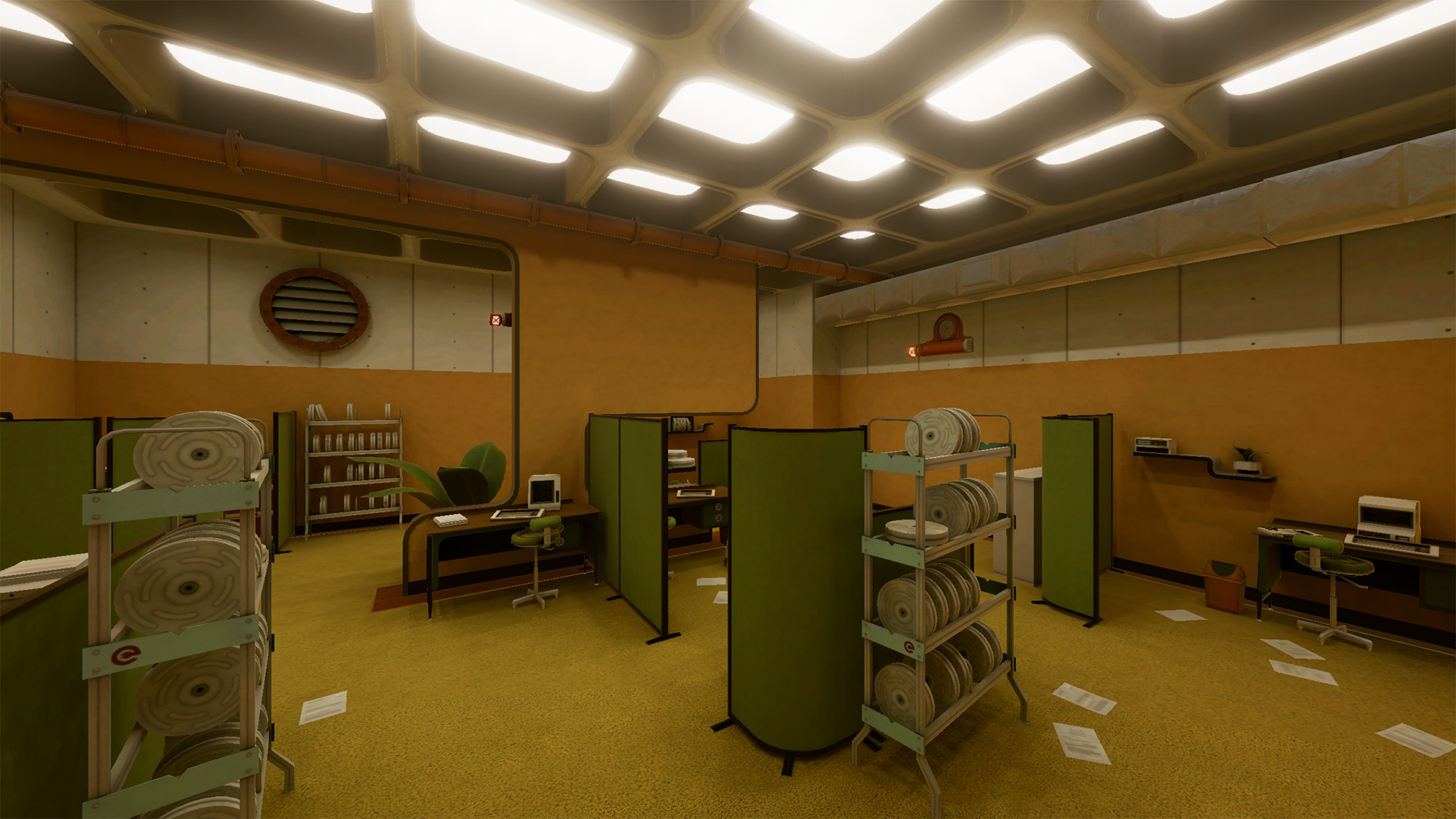 An official screenshot for Elsewhere Electric, showing a yellow room with shelves of tapes on them