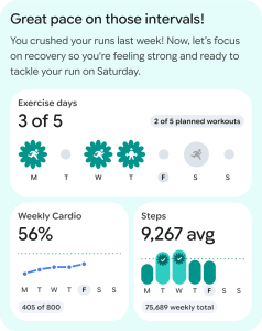 Fitness summary showing exercise achievements for the week, including pace on intervals, planned workouts, weekly cardio percentage, and average steps.