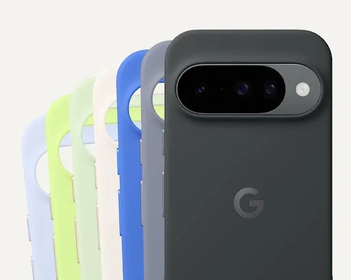 A collection of colorful Pixel phone cases displayed with the camera cutout and Google logo visible.