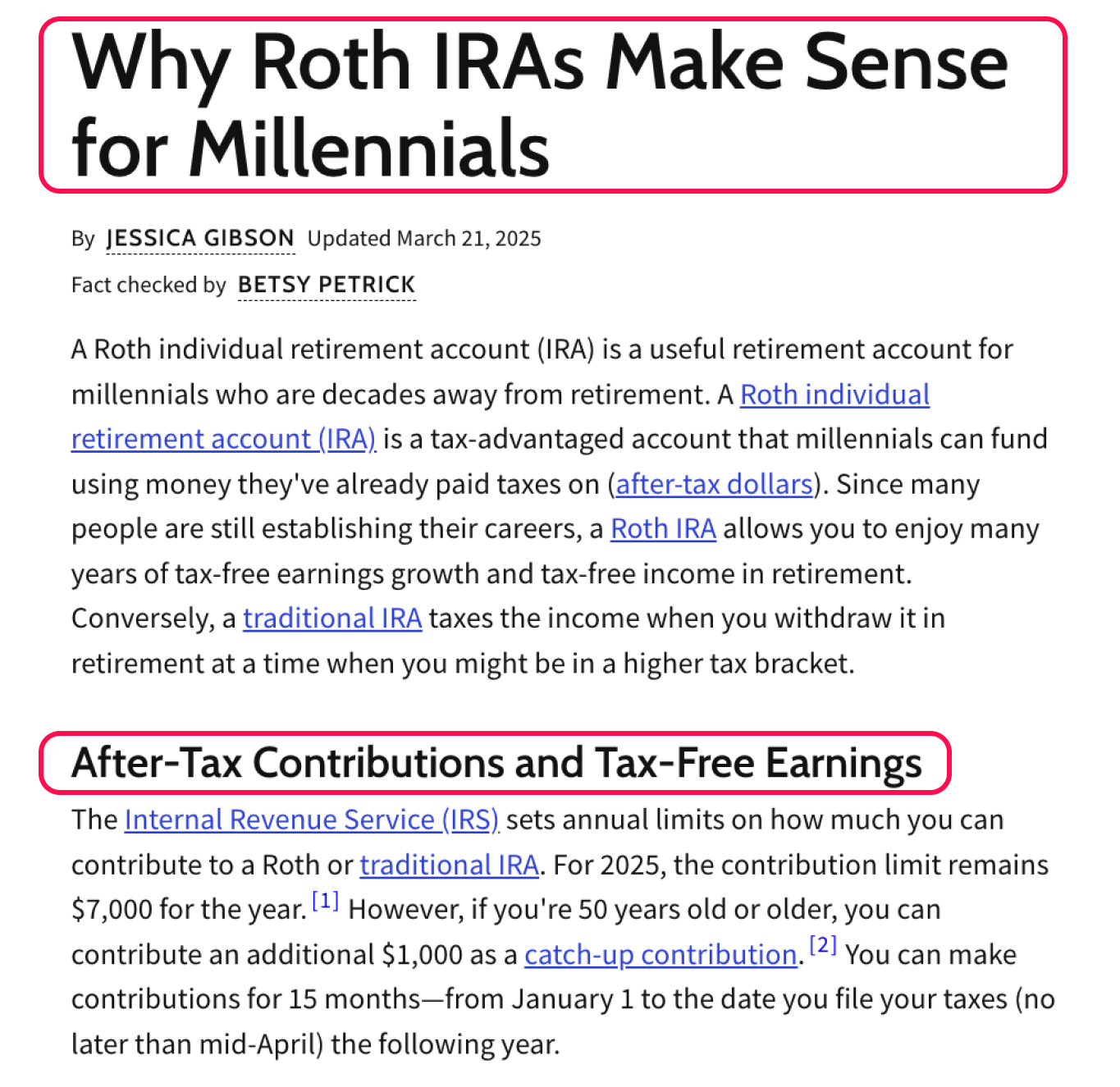 Title that says: Why Roth IRAs Make Sense for Millennials. And a heading that says: After-Tax Contributions and Tax-Free Earnings.