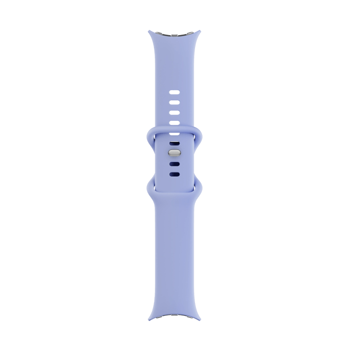 A close-up image of a lavender smartwatch strap, featuring multiple adjustment holes and a buckle for secure fastening.