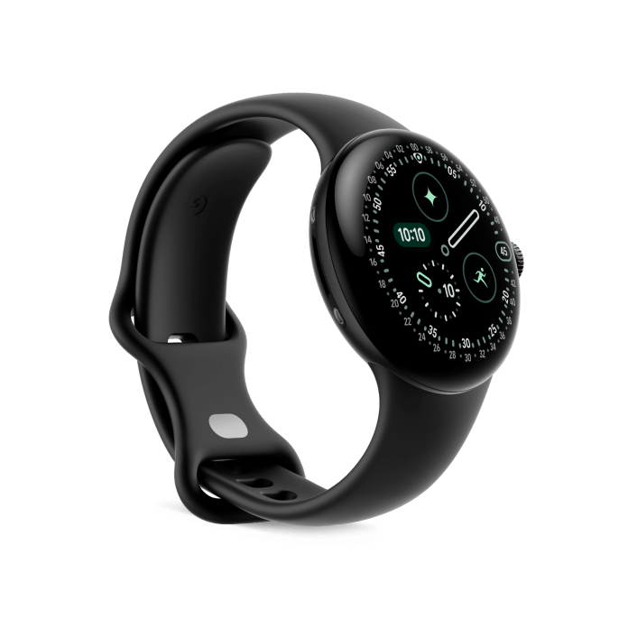 A black smartwatch with a domed display showing various fitness tracking metrics, including time and activity data.