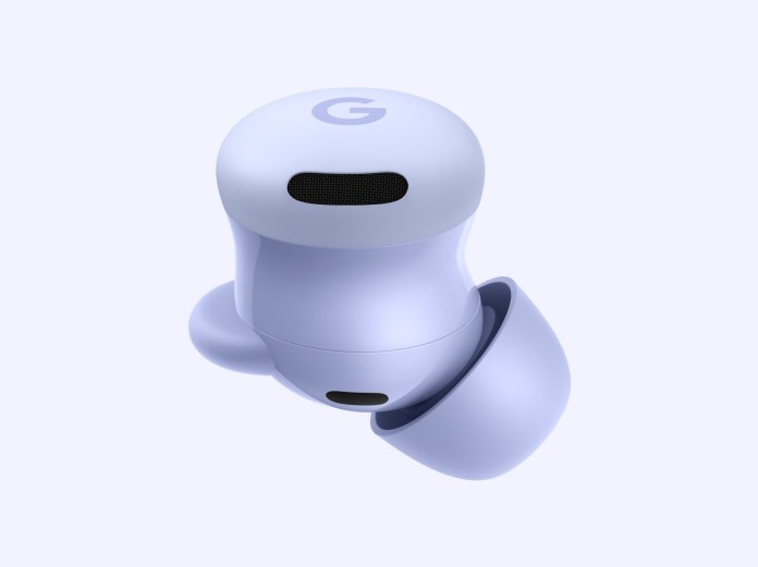 A close-up view of Pixel Buds 2a in Iris color, featuring a sleek design with a round body and a visible mesh cover for audio output.