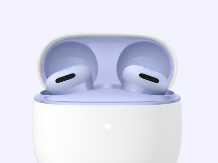 Close-up of Pixel Buds 2a in their charging case, showcasing the earbuds in a white and purple design.