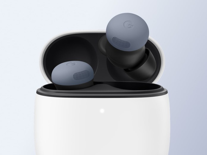 Close-up image of Pixel Buds 2a in their charging case, displaying two earbuds with a sleek design.