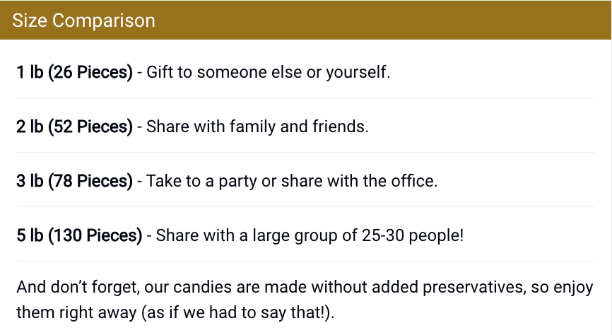 Table that explains what size candy box a person should get based on their party size.