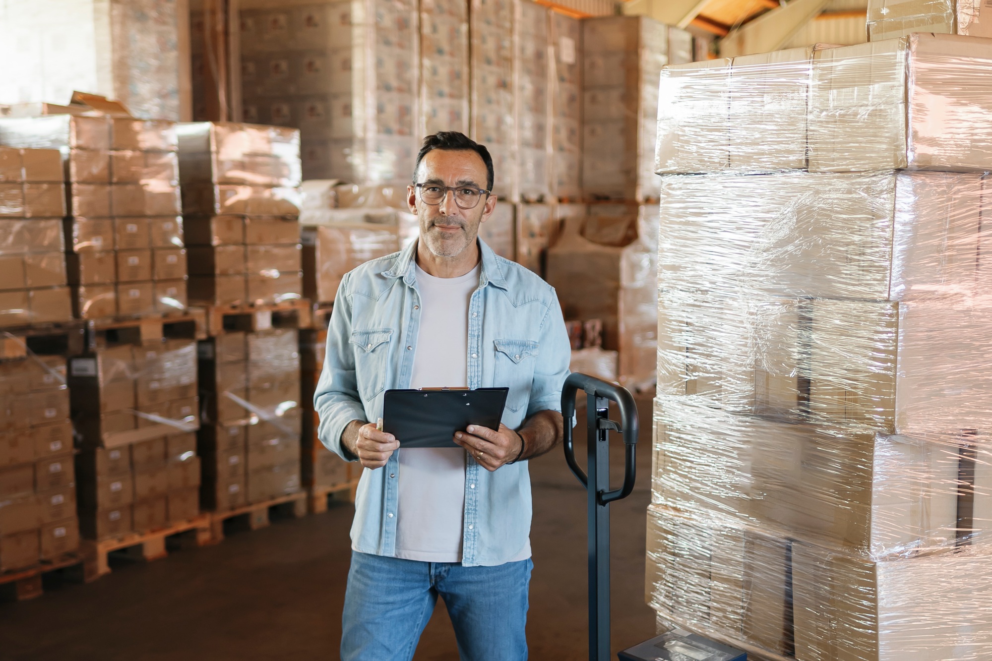 Warehouse worker checking inventory using clipboard and pallet jack