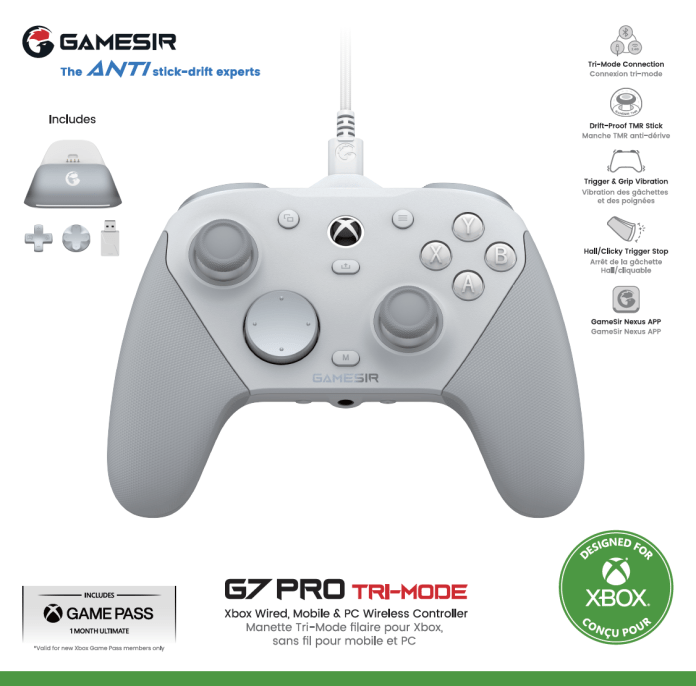 GameSir G7 Pro gaming controller with tri-mode connectivity for Xbox, PC, and mobile devices, featuring customizable controls and built-in audio jack.