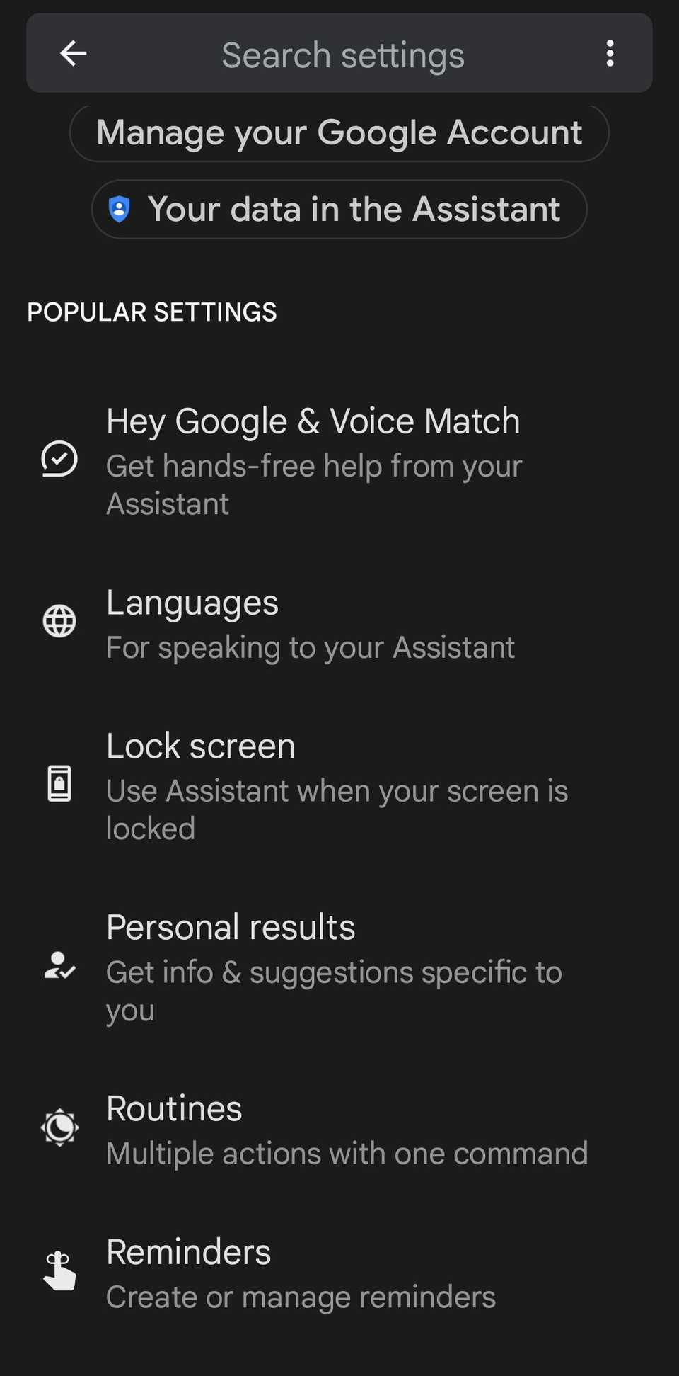 the google assistant settings page