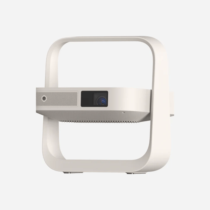 A sleek and modern projector, the XGIMI Elfin Flip, featuring a unique handle design and lens facing forward, indicating its portable and user-friendly nature.