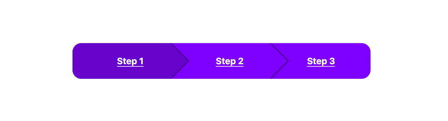 A rounded rectangular box in three purple arrow-shaped segments pointing towards the right. Each segment is a breadcrumb, labeled Step 1, Step 2, and Step 3 in white. The first segment is a darker shade of purple.