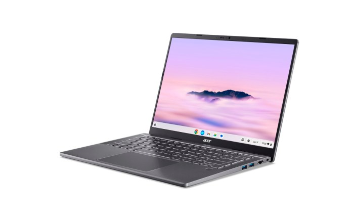 Acer Chromebook Plus Enterprise 714 with a 14-inch display, viewed from the side, showcasing the keyboard and ports.