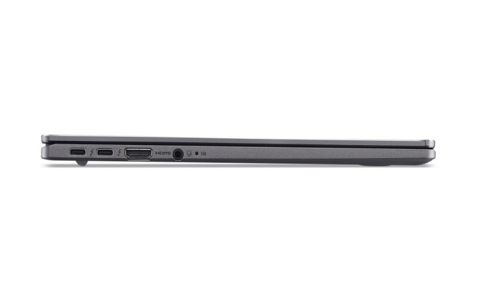 Side view of the Acer Chromebook Plus Enterprise 714, showcasing its slim design and various ports including dual Thunderbolt 4, HDMI, and audio jack.