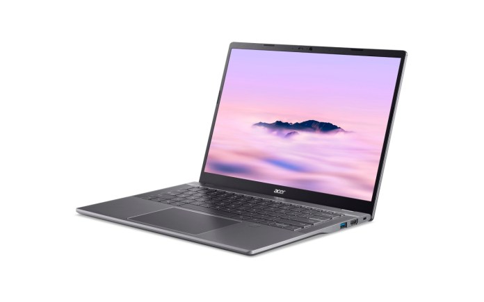 Acer Chromebook Plus Enterprise 714 laptop shown at an angle with a WUXGA display and sleek design.