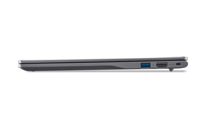A side view of the Acer Chromebook Plus Enterprise 714, showcasing its slim design and connectivity ports including USB and HDMI.