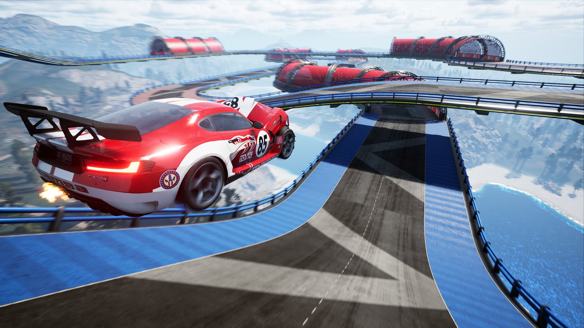 A car jumping on a sky track in in Wreckreation.