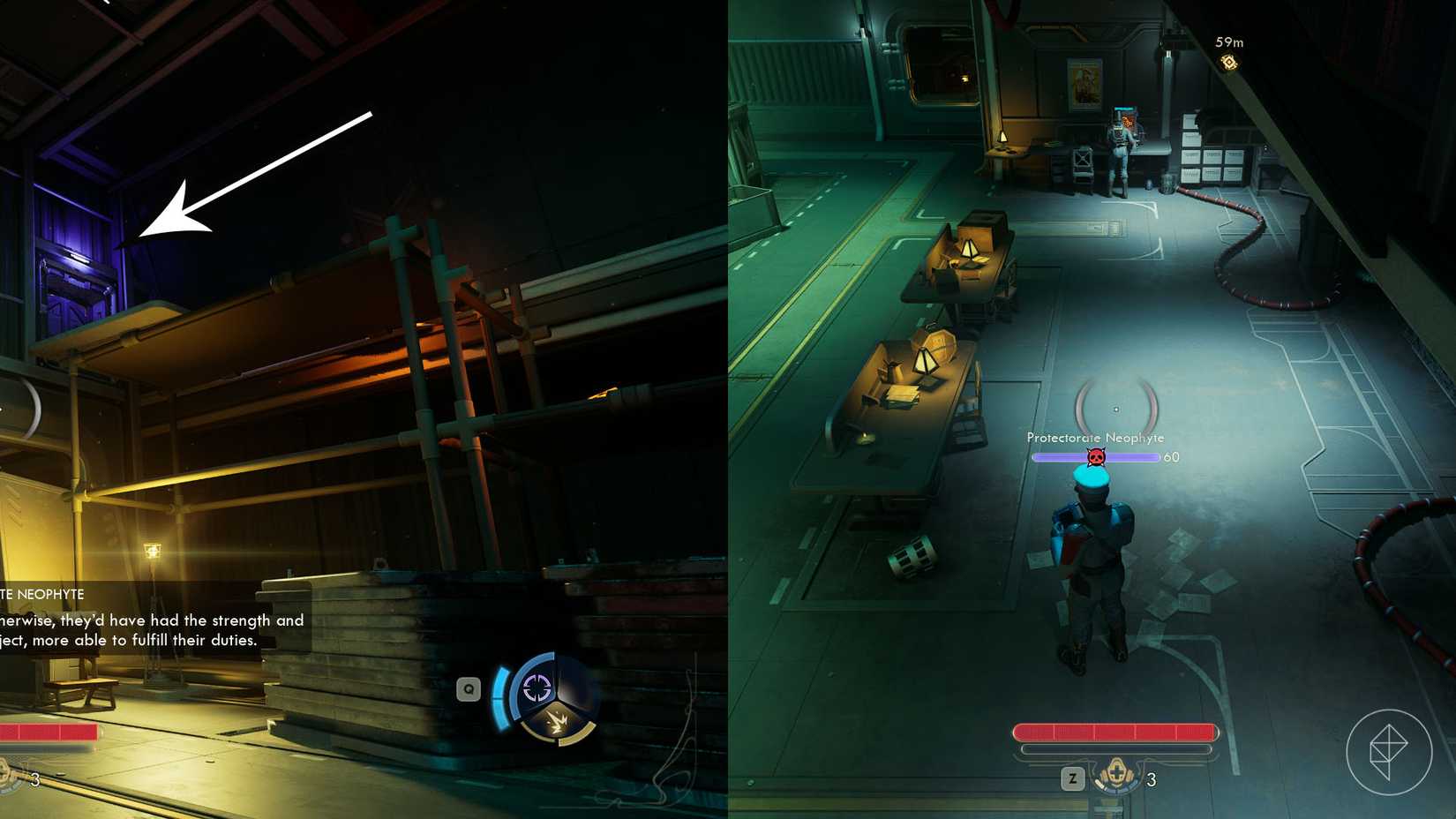 A montage of two The Outer Worlds 2 screenshots showing the location where you must climb for the first time in the Special Ops route