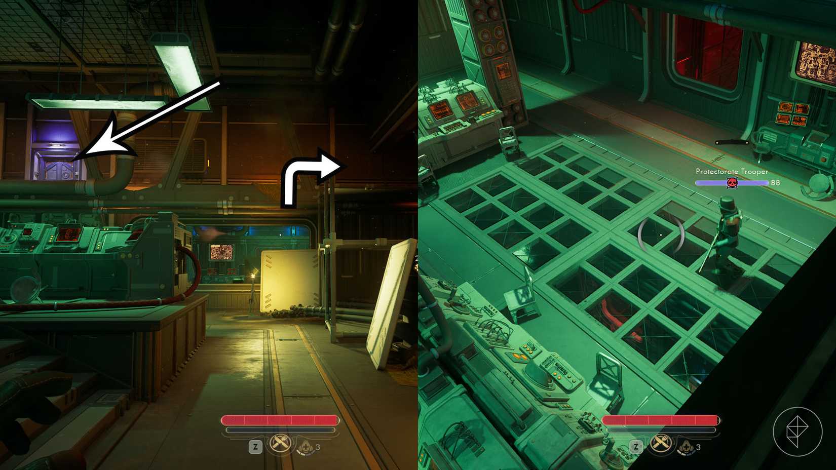 A montage of two The Outer Worlds 2 screenshots showing the location of the second set of platforms you must use to kill the next enemies