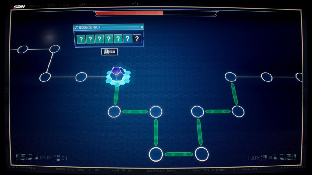 A digital hacking mini-game screen from Dispatch showing a glowing blue grid with connected network nodes, a hexagonal core, and a sequence input prompt at the top.