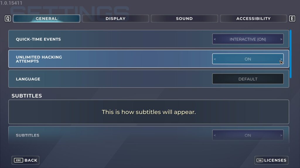 Settings menu from Dispatch showing options like quick-time events, unlimited hacking attempts, language, and subtitle display with a clean futuristic interface.