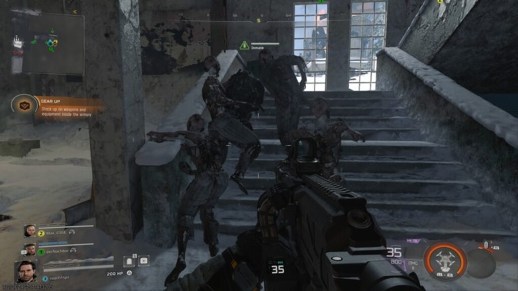 A first-person view from Call of Duty: Black Ops 7 showing the player aiming a rifle at a group of frozen zombie enemies clustered on a snowy staircase inside a damaged building