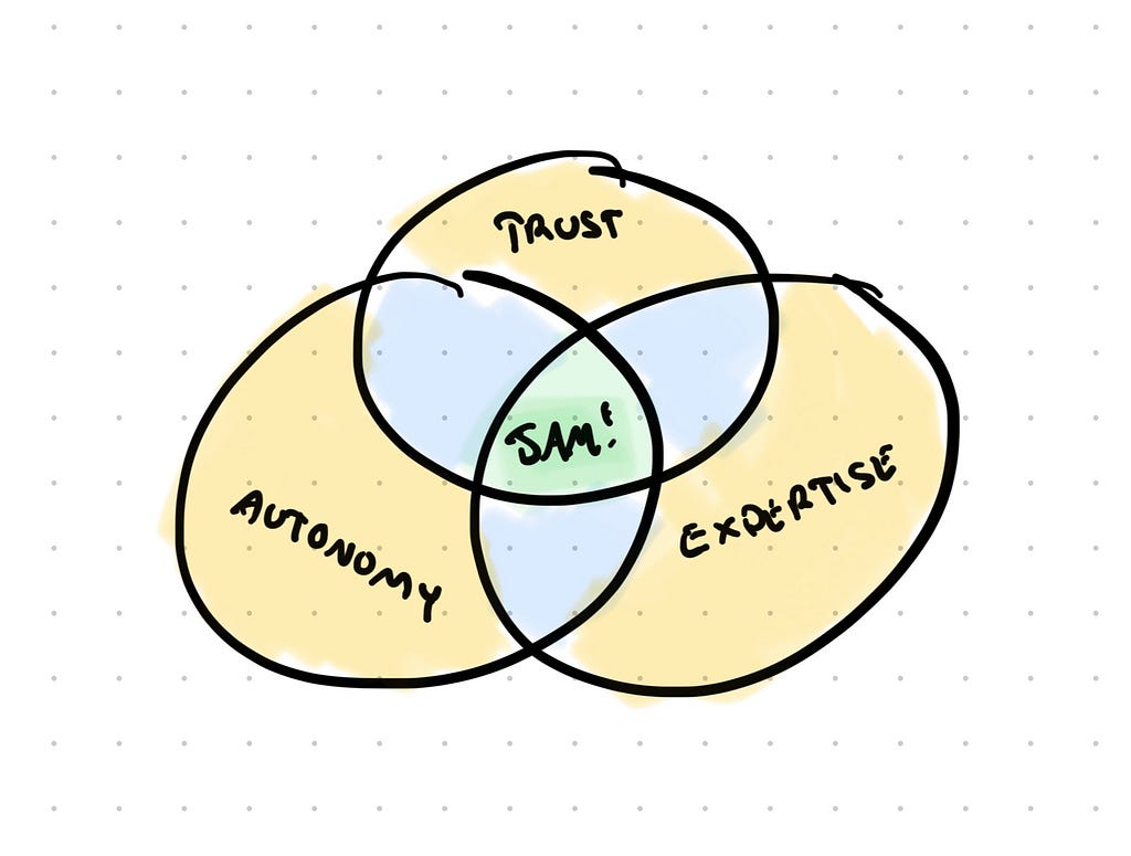 Venn diagram with three overlapping cirlces: trust, autonomy, expertise. In the middle of the three overlaps: “jam”