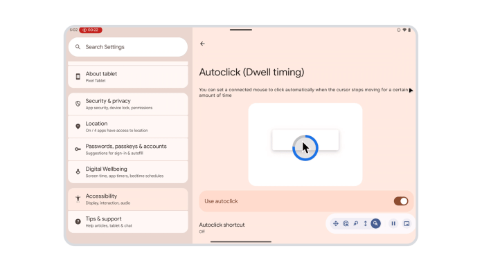 Screenshot of the AutoClick feature in Android settings, displaying options for dwell timing and auto-click functionality for mouse users, with a cursor icon highlighted.