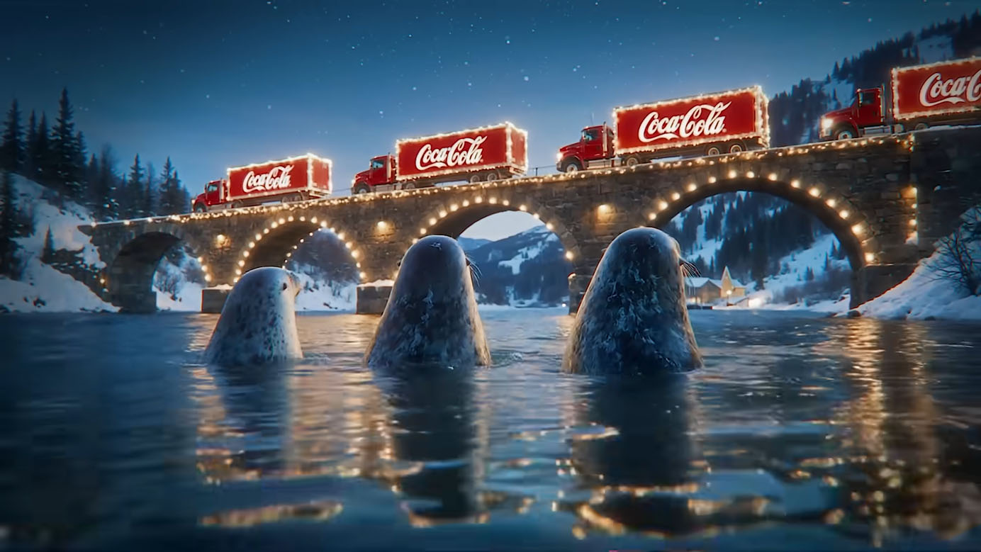 A screenshot of Coca-Cola’s AI-generated ad depicting three seals emerging from a river and watching illuminated Coca-Cola trucks cross a stone bridge in a snowy night landscape.