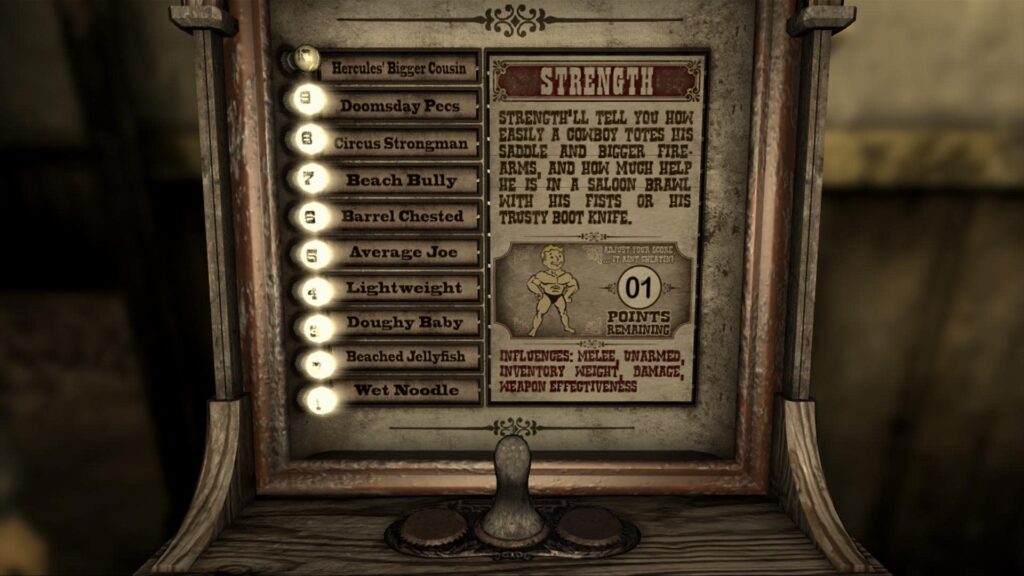 A vintage strength meter in The Outer Worlds 2 shows humorously named ranks from Wet Noodle to Hercules Bigger Cousin. The highlighted score sits at the bottom as the player prepares to assign points