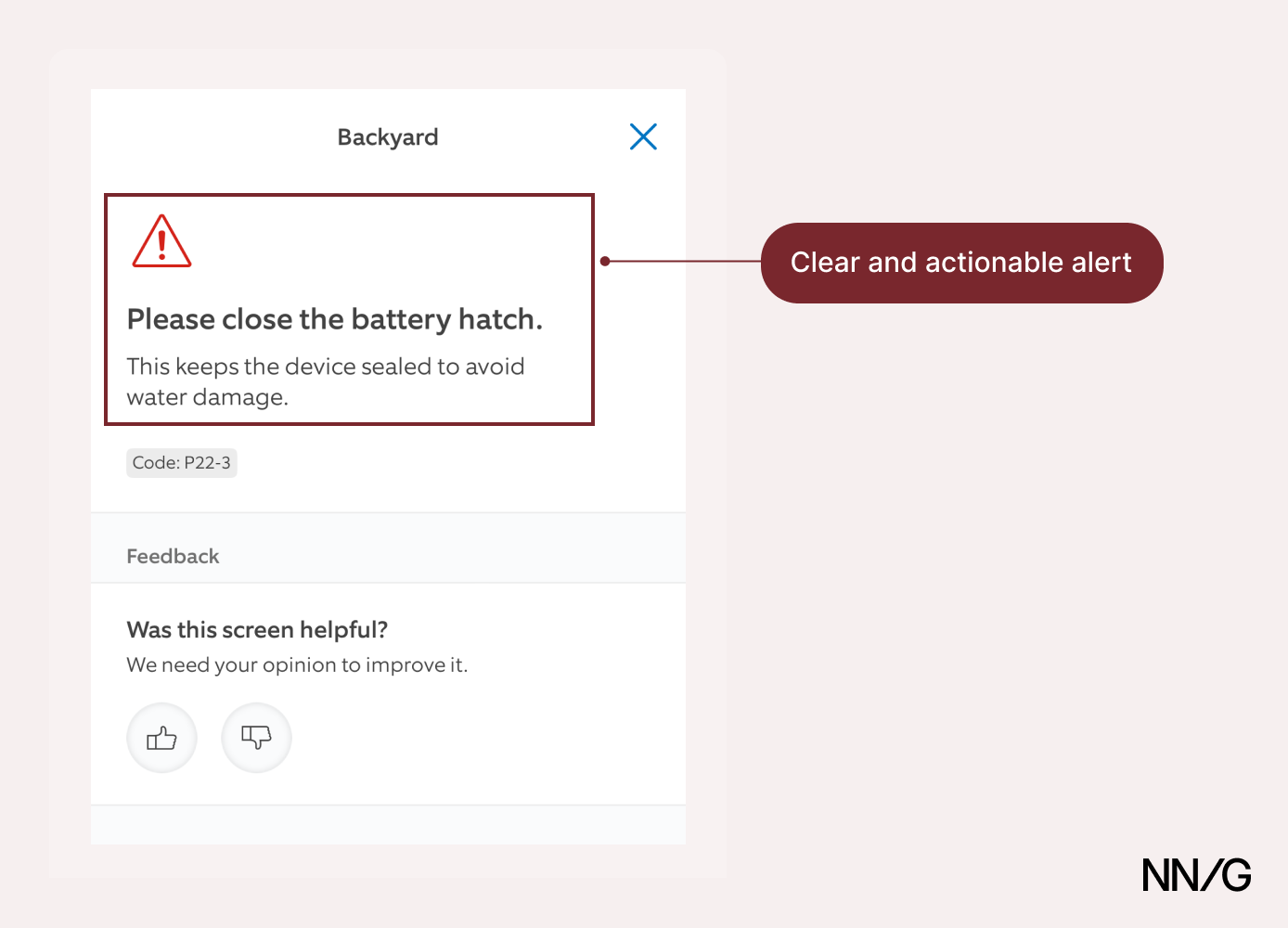 An in-app alert with a exlamation mark icon, displaying the issue in bold font and an explanation for it in smaller font. Error code is displayed below in an even smaller font.