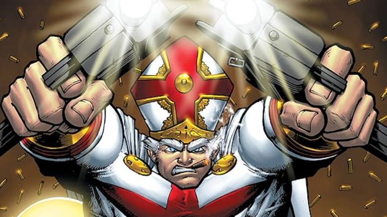 Battle Pope holding two submachine guns