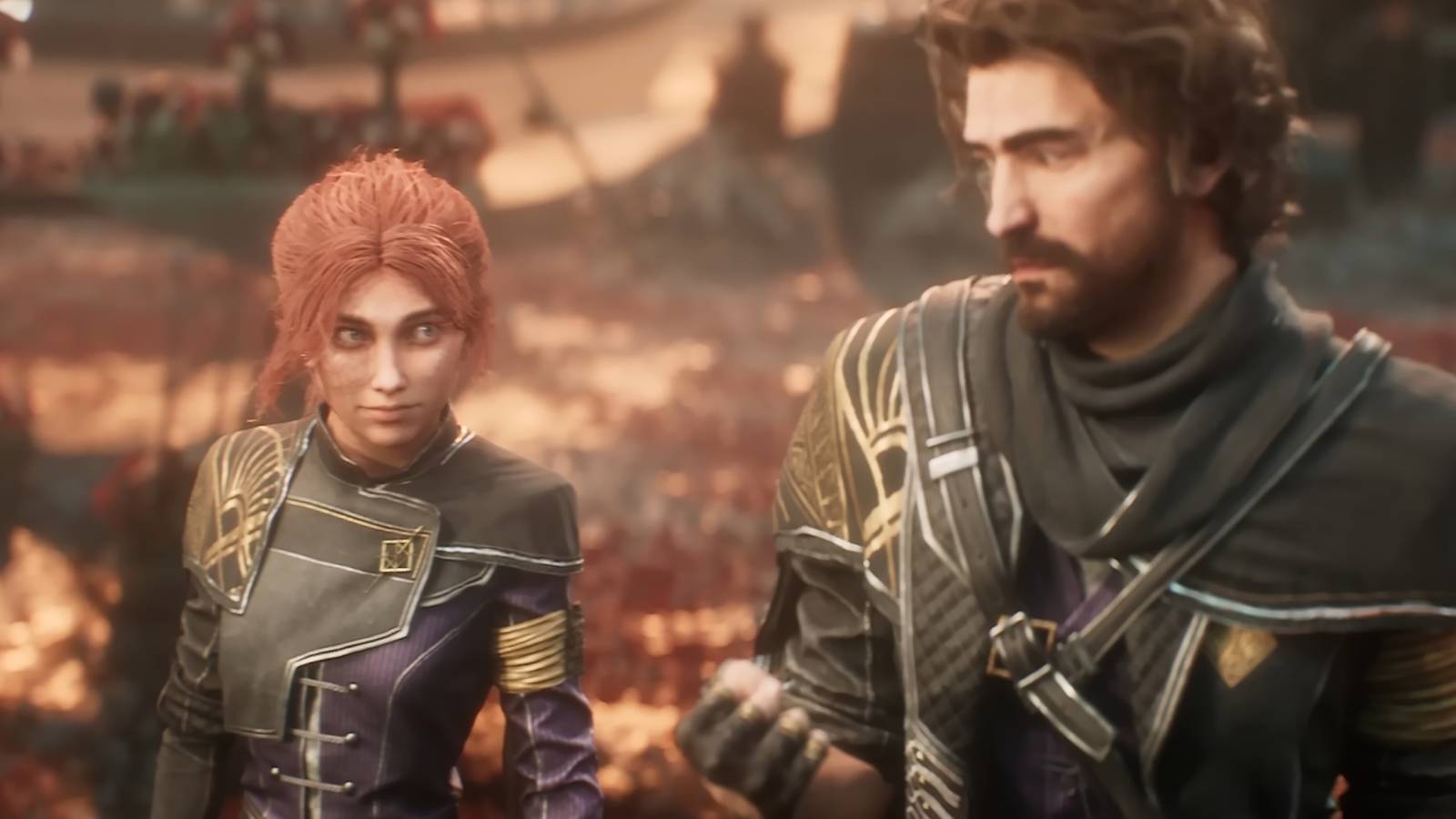 Two characters from Clair Obscur: Expedition 33 stand on red leaves and look assuredly at each other