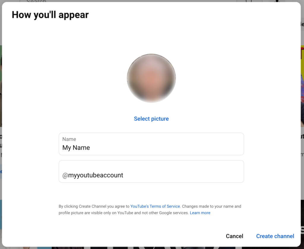 The "How you'll appear" menu when creating a YouTube account