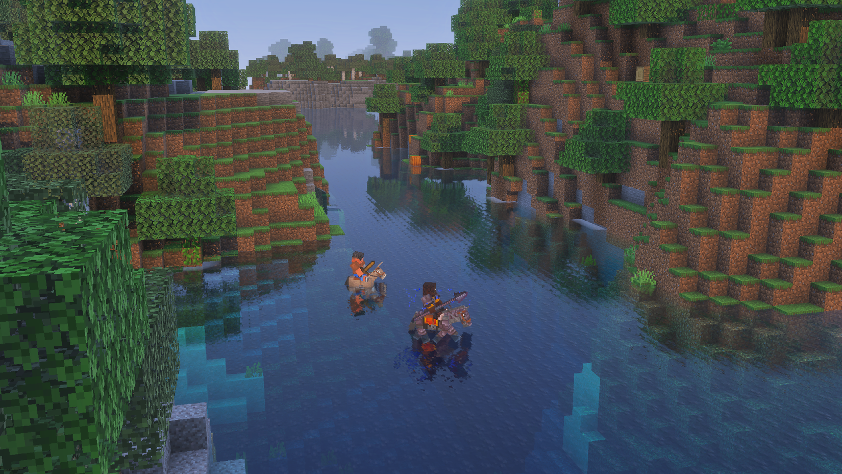 Two horses walking across a lake in Minecraft