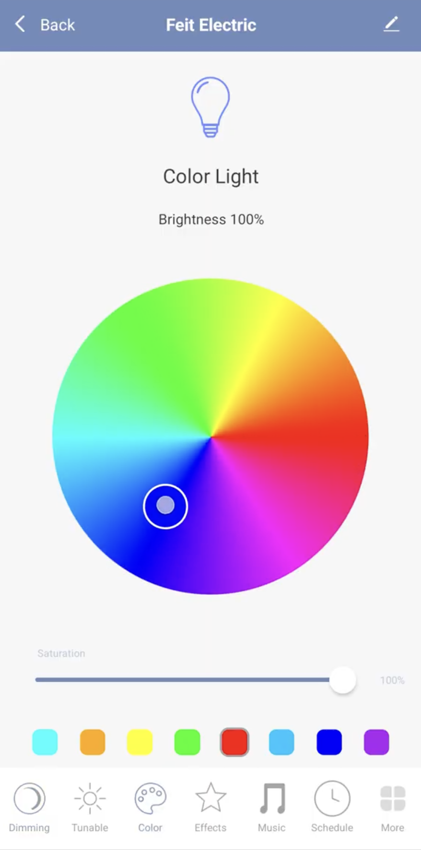 Screen from a smart light app, with a big color wheel in the center. Below is a slidebar for saturation and a menu with the various other settings the app affords (e.g., dimming, effects, music, schedule).