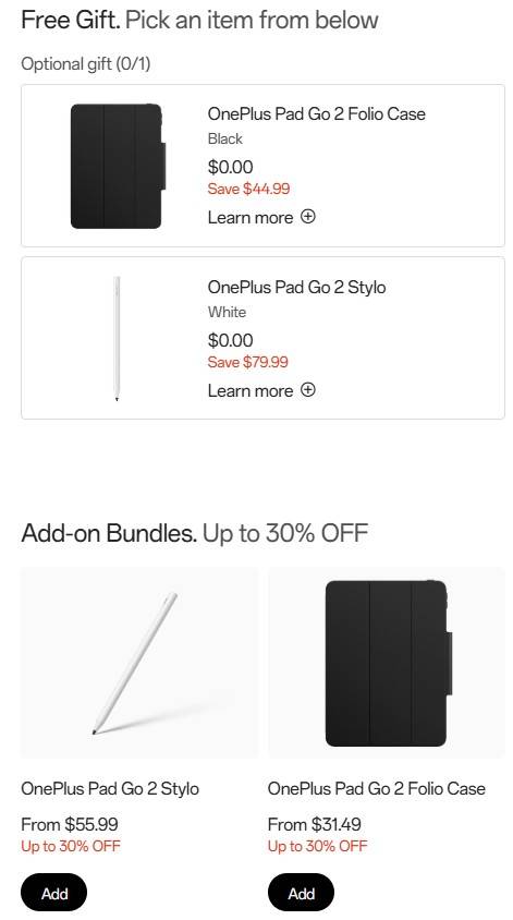 A screenshot highlighting OnePlus's free gifts and accessory discount for the Pad Go 2.